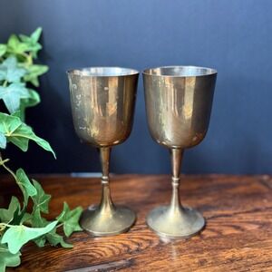 Vintage Brass Wine Goblets Set of 2, Mid-Century French Country Chalices